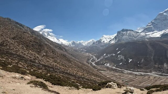 Beautiful view of Imja valley a beautiful valley situated just bottom of the Nuptse, Lhotse and Mount Everest seen from Dingboche village, Nepal.