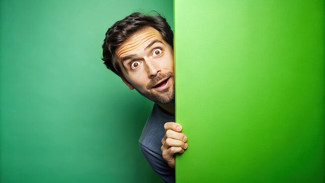 A man with a look of utter astonishment pops out from behind a vibrant green corner, eyes wide with wonder.