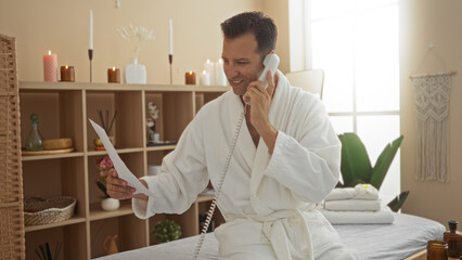 Middle-aged man in a spa robe enjoying a phone conversation while reading a document in a serene wellness center room