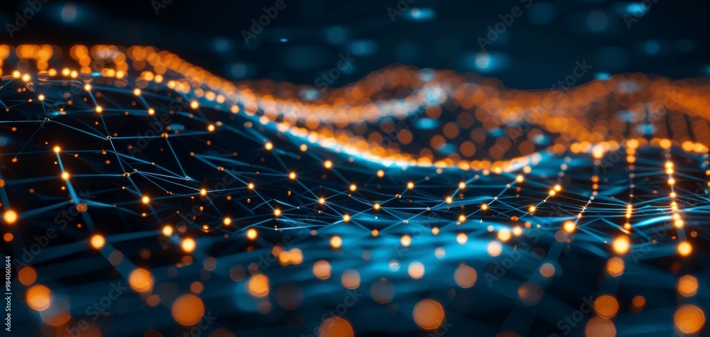 Poster Abstract digital wave with glowing orange and blue lights representing data flow and connectivity.