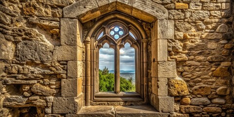 Fototapeta premium A narrow slit of light pierces the stone walls, filtering through ornate carvings of symbolic creatures and vines.