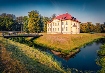 Naklejka premium Superb morning view of Palace in Choroszcz, Bialystok region, Poland; Europe. Snny summer scene of Polish countryside. Traveling concept background.