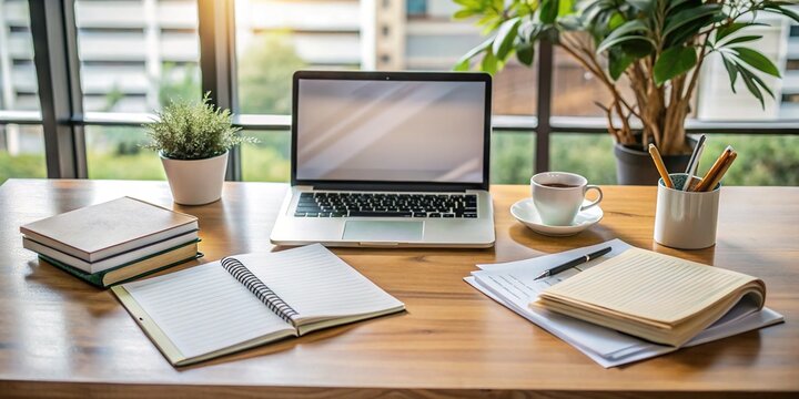 A neatly organized desk with a laptop, notebook, and papers featuring a well-structured research format design, highlighting headings, subheadings, and bullet points in a clean layout.