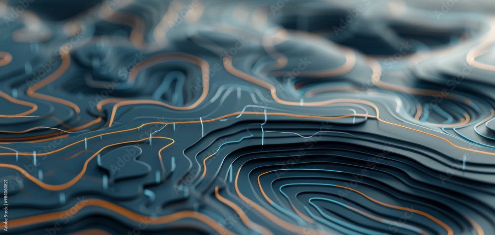 Poster Close-up view of detailed digital topographic lines, showcasing intricate patterns of depth and elevation in a modern, abstract style.