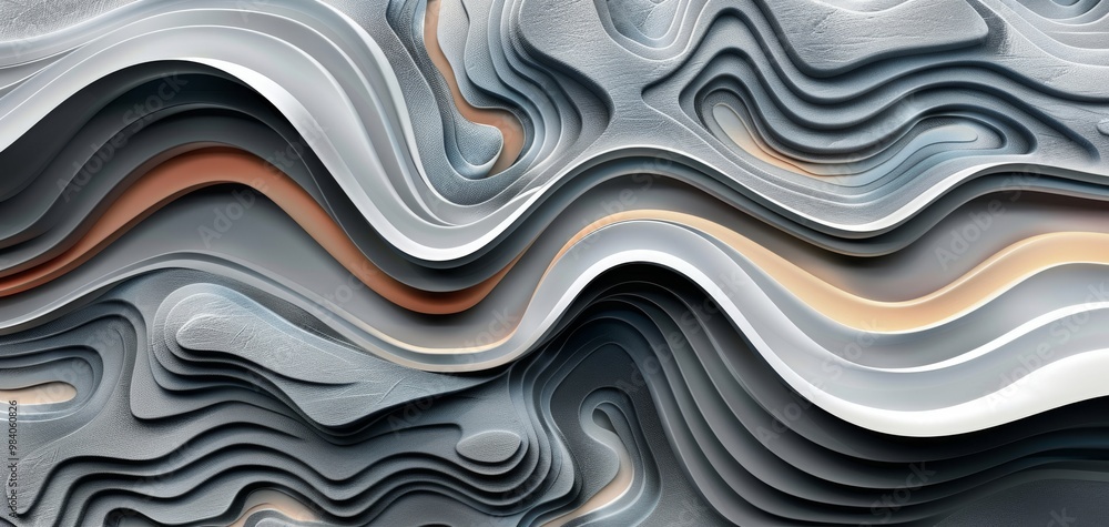Poster an abstract composition featuring flowing, layered shapes in shades of gray, orange, and cream, crea