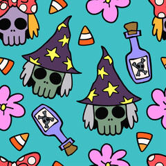 Seamless pattern of witch skull skeleton and bottle of poison. For halloween brightly colored theme. Pattern design for fabric, wrapping paper, wallpaper and fashion prints.