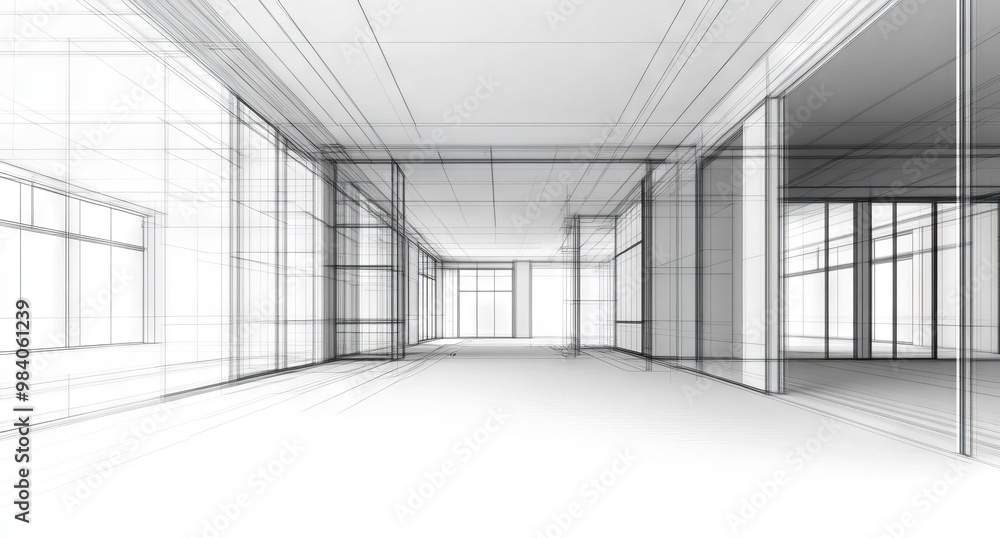 Poster black and white line drawing of an architectural structure with abstract lines