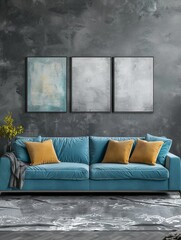 Stylish blue sofa with orange cushions and abstract art on a textured gray wall, creating a modern living room ambiance.