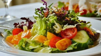 A beautifully arranged plate of fresh, colorful ingredients featuring a gourmet salad, showcasing healthy eating, organic food, and culinary creativity. Great for food blogs, restaurants, and menus.
