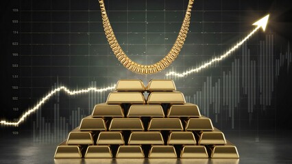 Gold and gold jewelry is ready to be sold on world trading markets with huge price increases. On the trading price graph background image