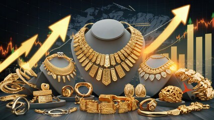 Gold and gold jewelry are poised for sale on global trading markets, experiencing significant price increases, set against the backdrop of a trading price graph.