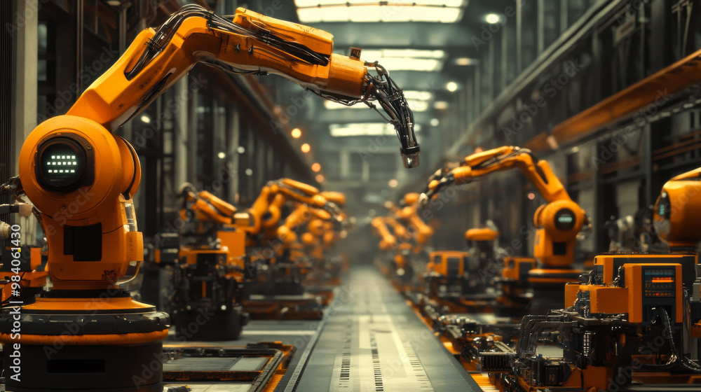 Aufkleber industrial automation with robotic arms working in a modern assembly line during daylight hours in a