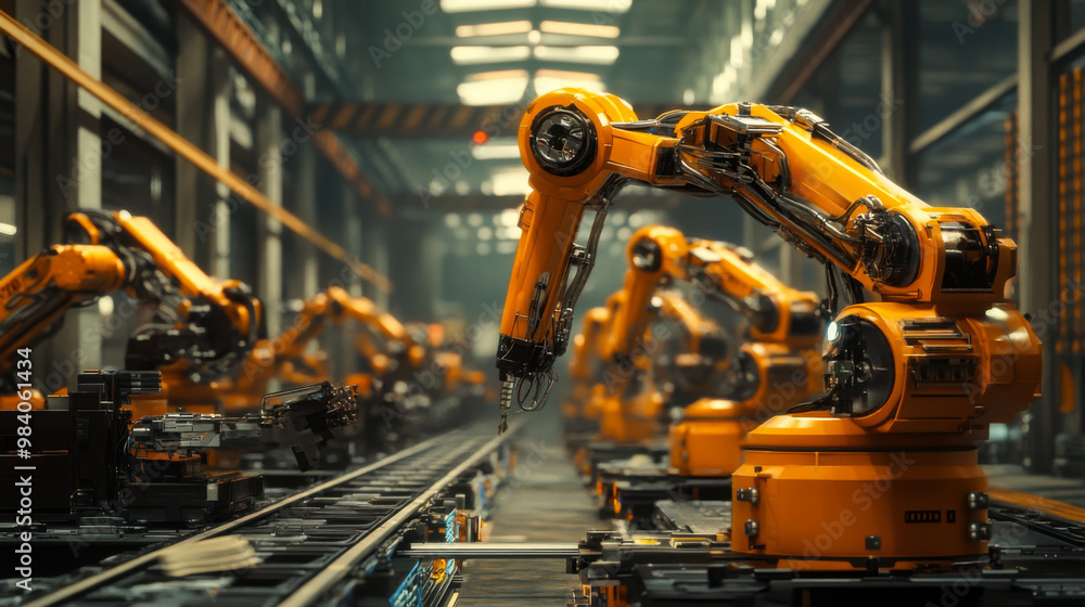 Aufkleber industrial automation with robotic arms working in a modern assembly line during daylight hours in a