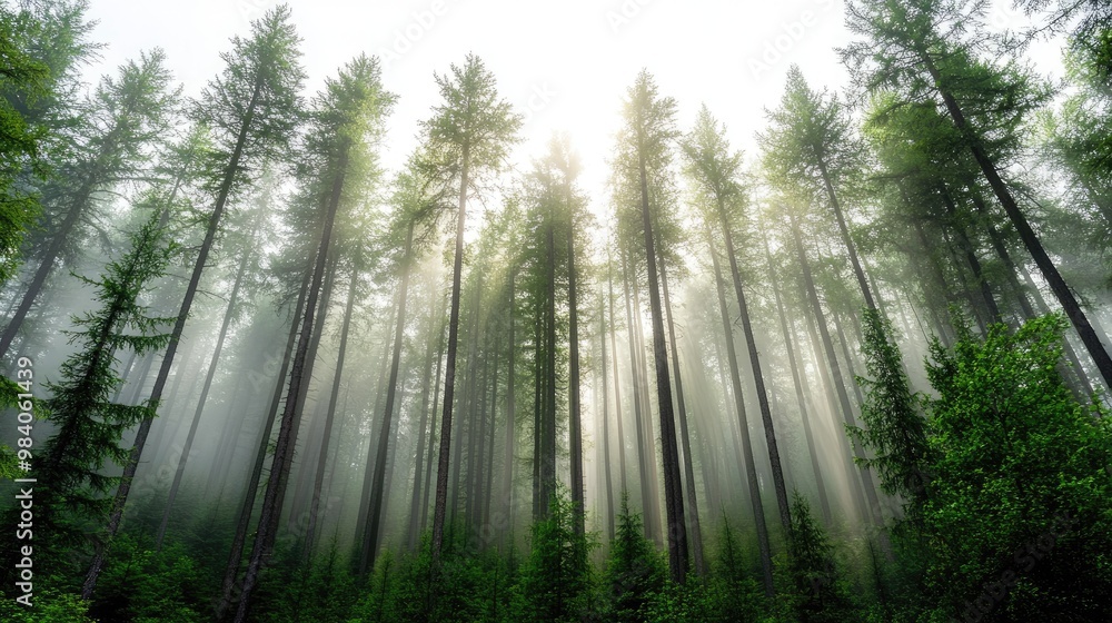Poster a serene forest scene with tall trees standing amidst a misty atmosphere, creating a tranquil and my