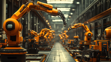 Industrial automation with robotic arms working in a modern assembly line during daylight hours in a high-tech factory