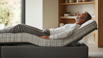 A man relaxes on an adjustable bed, enjoying comfort in a modern, well-lit room with natural elements.