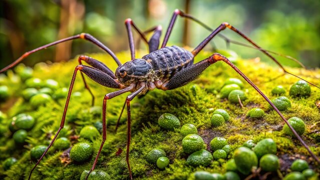 A solitary tailless whip scorpion spider, also known as Amblypygi, crawls on a moss-covered stone, its long, thin legs and pedipalps stretched out in exploration mode.