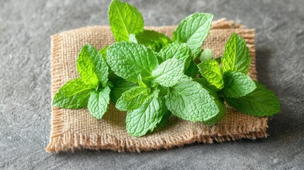 peppermint leaves freshly harvested and placed on a rustic burlap cloth, known for their cooling effect and use in easing headaches.