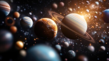 A stunning cosmic scene featuring a variety of planets amidst a starry backdrop, showcasing the beauty and diversity of the universe.