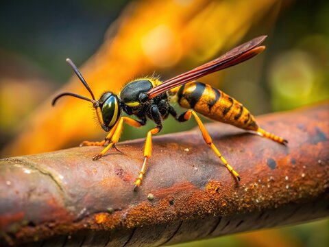 A solitary mud dauber wasp, Sceliphron caementarium, perches on a rusty metal pipe, its black and yellow body glistening in the warm sunlight.