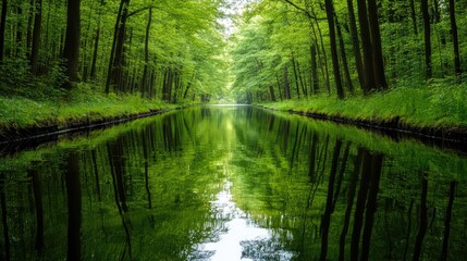 A serene forest scene with lush green trees reflecting on a tranquil water surface, creating a peaceful atmosphere.