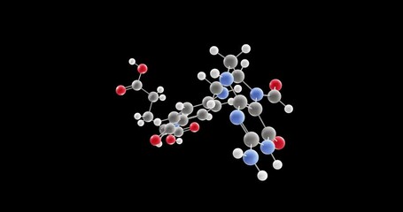 Folinic acid molecule, rotating 3D model of chemotherapy antidotes, looped video on a black background