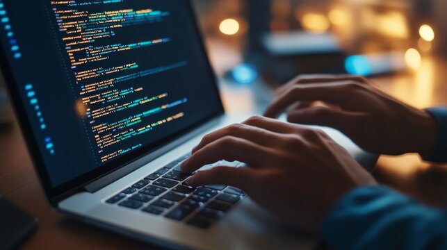 A close-up of a programmer's hands typing on a laptop keyboard with code displayed on the screen, symbolizing software development, coding, and modern technology. 