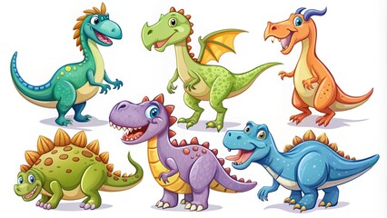 a triceratops with a bouquet, a stegosaurus doing yoga, a T-Rex playing the piano, and a diplodocus dancing on tiptoes.