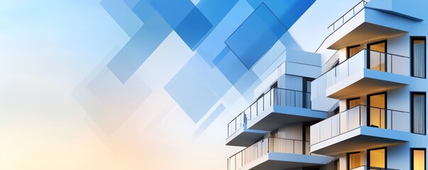 Fototapeta premium Digital illustration of apartment building under construction with blue and white color scheme