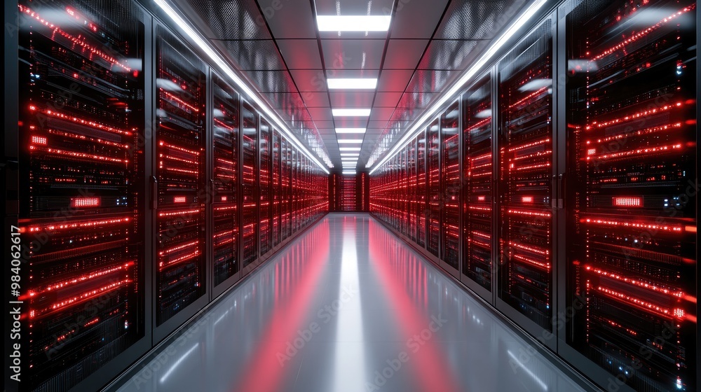 Poster a high-tech server room featuring rows of glowing red servers, showcasing advanced data storage equi
