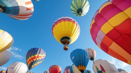 Colorful hot air balloons ascend against a clear blue sky, creating a vibrant spectacle of shapes and hues.