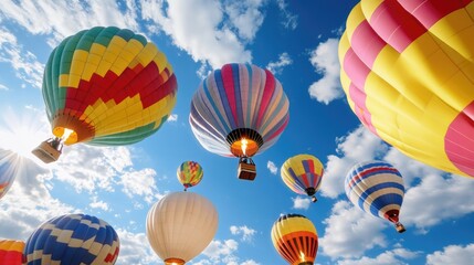 Fototapeta premium Colorful hot air balloons float against a bright blue sky with fluffy clouds, creating a vibrant and uplifting scene.