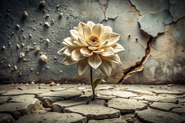 A worn-out foam flower clings to cracked concrete, once-pink petals now dull and faded, a haunting reflection of a life once full of promise now broken and worn.