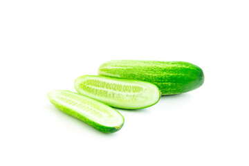 Fresh green cucumbers and Sliced isolated on white background, Organic vegetables, Herbal plant, Food ingredient, Organic vegetable