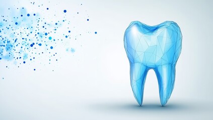 3D low-poly tooth model made of lines and dots on white background
