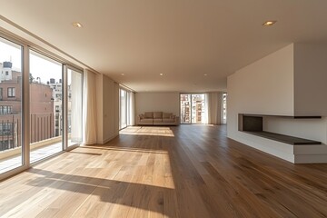 Obraz premium Spacious modern living room with hardwood floors and city view