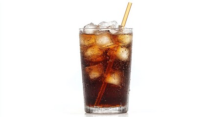 glass of soda with a straw filled with ice on white background