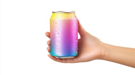 Obraz premium hand holding a colorful soda can on white background