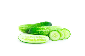 Fresh green cucumbers and Sliced isolated on white background, Organic vegetables, Herbal plant, Food ingredient, Organic vegetable