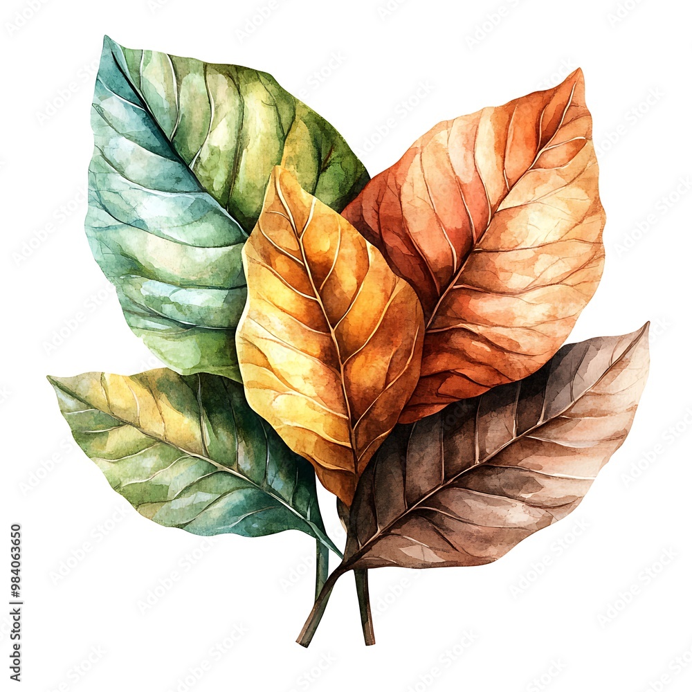 Canvas Prints Watercolor Painting of Autumn Leaves in Various Shades of Green, Yellow, and Brown.