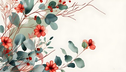 Elegant hand-drawn floral background featuring botanical line art with flowers, branches, and eucalyptus leaves in vibrant shades of red and green watercolor texture