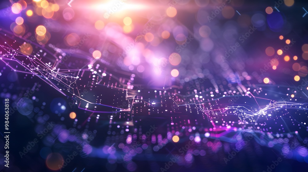 Poster a background image with a high-tech, futuristic design in shades of purple, blue, and black. the sce