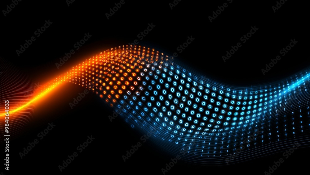 Poster digital data and binary code with glowing light effect and abstract sound wave