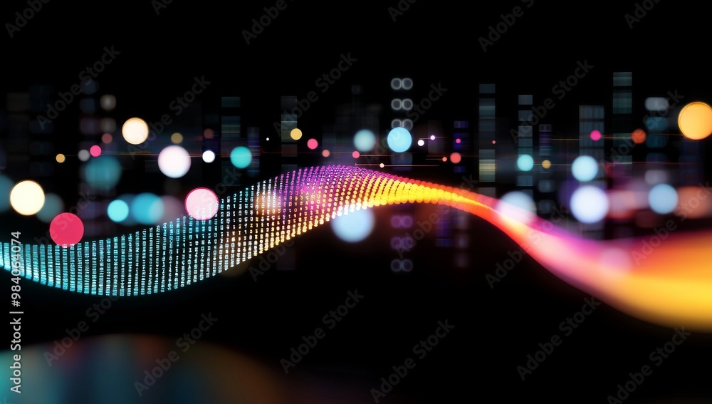 Poster digital data and binary code with glowing light effect and abstract sound wave