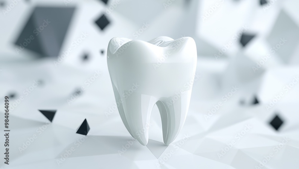 Poster 3d low-poly tooth model made of lines and dots on white background