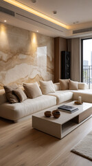 Cozy minimalist living room featuring neutral tones and natural textures in a contemporary urban apartment
