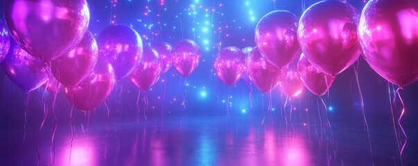 A futuristic birthday party with holographic balloons and virtual guests joining via AR, Scifi, Neon colors, 3D render, Hightech