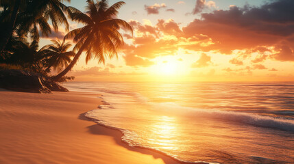 Golden sunset over tranquil beach with palm trees swaying gently in the evening breeze and waves lapping against the shore