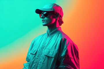 90s style male model in turquoise jacket  cap  sunglasses.