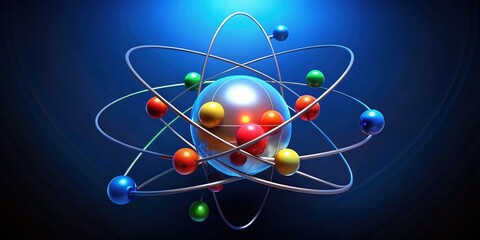 Colorful 3D illustration of a stylized atom, featuring protons, neutrons, and electrons orbiting a central nucleus, against a dark blue background with subtle gradient effect.